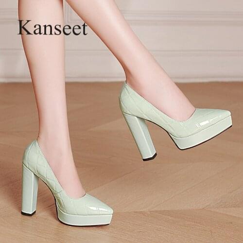 Kanseet Platform Womens Shoes Party Office Thick High Heels Footwear Elegant Pointed Toe Slip-On Genuine Leather Woman Pumps