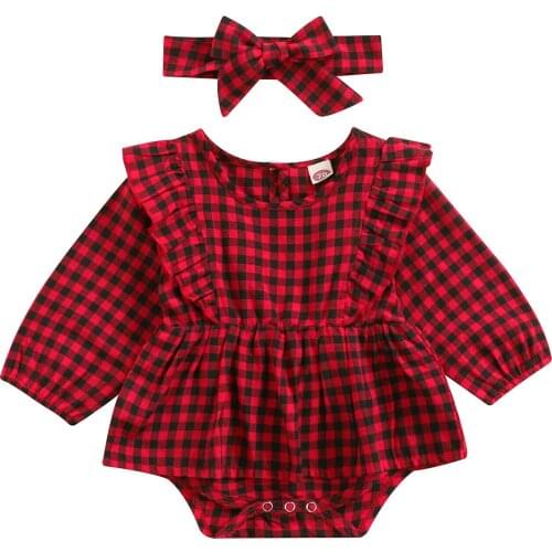 0-18 Months Baby Girls Two-Piece Clothes Set Plaid Printed Pattern Long Sleeve Romper And Headdress Black Red Casual Daily Wear
