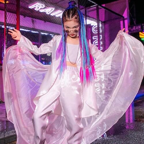 Modern Jazz Costumes For Kids Long Sleeve Sequin Jacket Girls Hip Hop White Suit Children Street Dance Stage Clothing DQL6008