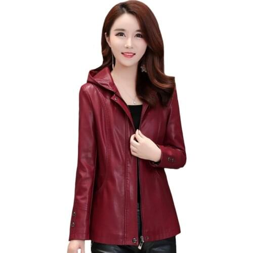 2020 New Women Hooded PU Leather Jackets Plus Size Red Faux Leather Coats 2020 Casual Autumn Winter Black Outerwear Plus Cotton