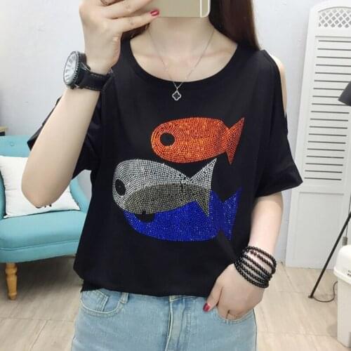 Summer Black Cotton Womens T-shirt Fashion Diamonds Off Shoulder Tees Casual Cartoon Female Top Short Sleeve O-Neck Tee Shirt