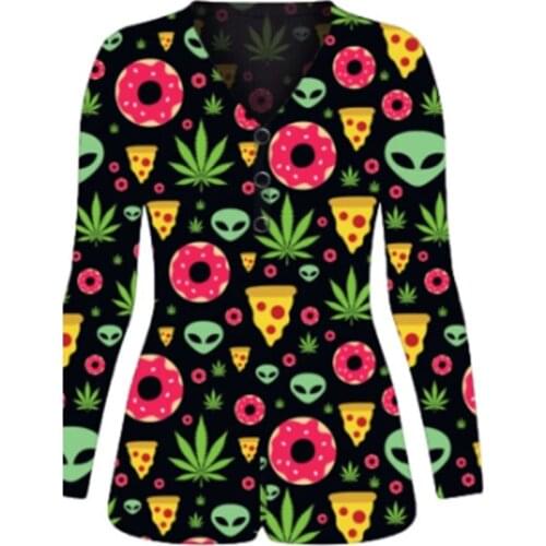 Fashion Home Wear Women Sexy Underwear Long Sleeve Pajamas Set Slim Long Sleeve Bodysuits Printed Jumpsuits Deep V Neck Leotard
