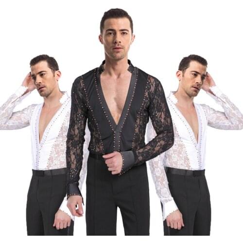 Men Lace Dress Ballroom T-Shirt Performance Latin Dance Leotard Practice Wear Latin Jazz Dance Costumes