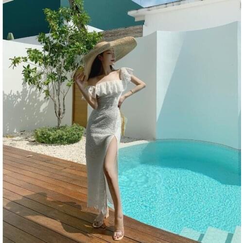 Seaside Holiday Beach Long Skirt Womens One Line Off Shoulder Lace Slit Dress Travel Pat Small Dress Light Wedding Dress Fairy