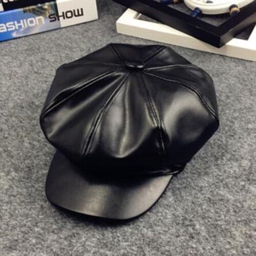 2020PU leather Simple children beret For Elegant lady Winter Female Hats Vintage Octagonal Casual boina Autumn girl Cap 4-11year