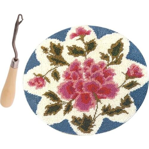 Rose Flower DIY Latch Hook Kit Rug Needle Crafts for Kids/Adults with Professional Wooden Latch Hook, 50 x 50cm Round