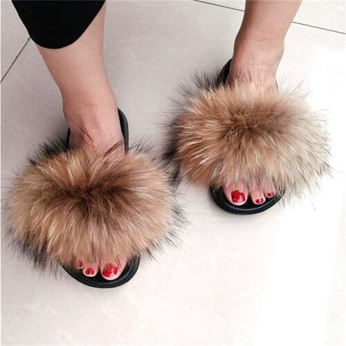 Summer Fluffy Raccoon Fur Slippers Female Home Flip Flops Ladies Indoor Plush Shoes Women Real Fox Fur Slides Outdoor Sandals