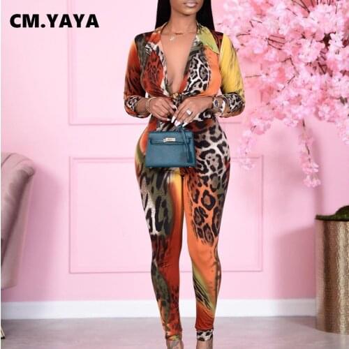CM.YAYA Active Leopar Print Sweatsuit Two 2 Piece Set for Women Winter Fitness Outfit Long Sleeve Blouses + Pants Set Tracksuit