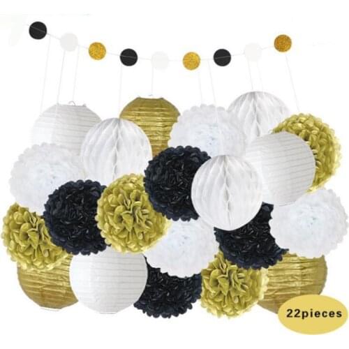 Baby Girl Shower Decoration 22pcs/set Gold White Black Set Round Paper Lanterns Kids Baptism Party Favor Hanging Paper Crafts