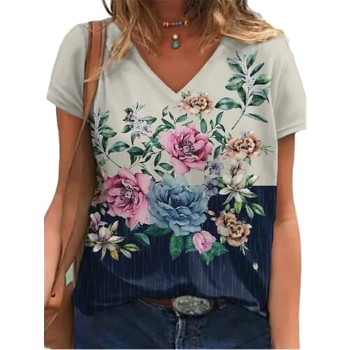 New Summer Women T Shirt Short Sleeve V-Neck Abstract Flower Print T Shirts Casual Street Plus Size Female Tops Oversized S-5XL