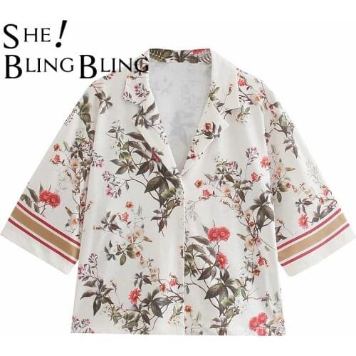 SheBlingBling Za Woman Chemise Femme Print Strip Summer Drop Shoulder Half Sleeve Casual Loose Shirt Female Blouses Tops Pant