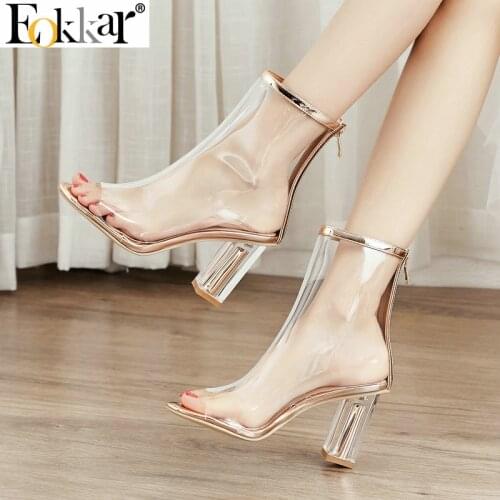 Eokkar 2020 Spring/Autumn Peep Toe Ankle Boots Women Shoes Block Heel Ankle Boots PVC Transparent Women Clear Boots Size 34-42
