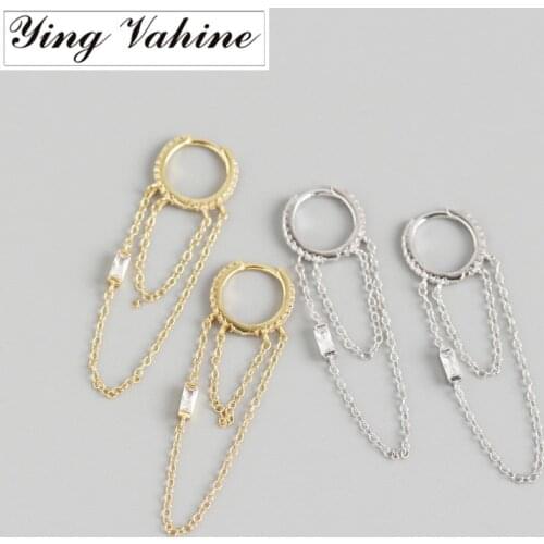 Ying Vahine 100% 925 Sterling Silver Square Zircon Long Tassels Pendant Stud Earrings for Women Fashion Jewelry Best Gifts