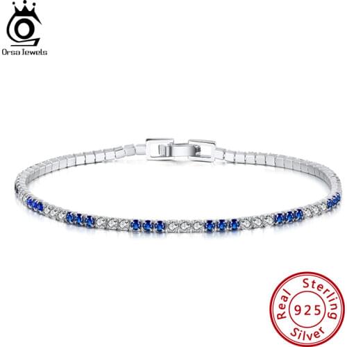 ORSA JEWELS Luxury 925 Sterling Silver Tennis Bracelet 2.0mm Blue and Clear Cubic Zirconia Womens Tennis Bracelet Jewelry SB117
