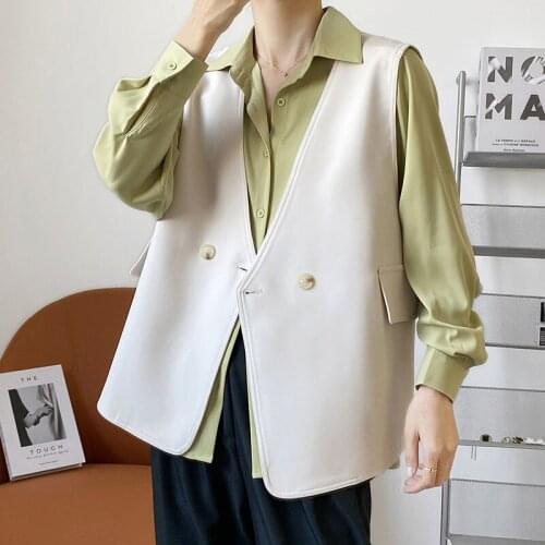 Korean Beige Khaki Short Suit Vest Women V-neck Loose Casual Blazer Waistcoat Spring Summer 2021 Double Breasted Sleeveless Tops