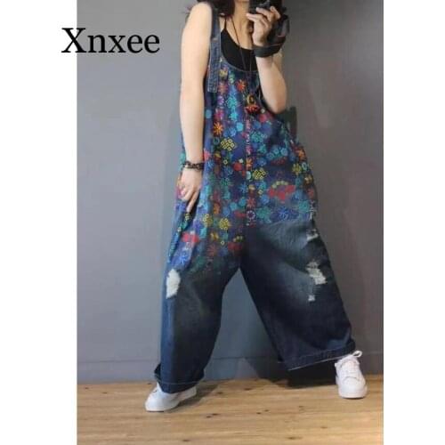 Women Denim Overalls Print Floral Vintage Plus Size Casual High Quality Ripped Hole Wide Leg Jumpsuit Ladies Jeans Romper loose