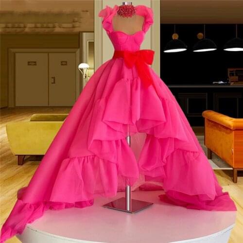Hot Pink High Low Prom Dresses With Ribbon Belt 2022 New Design Sleeveless Evening Gowns Sweep Train Formal Party Dress Robe