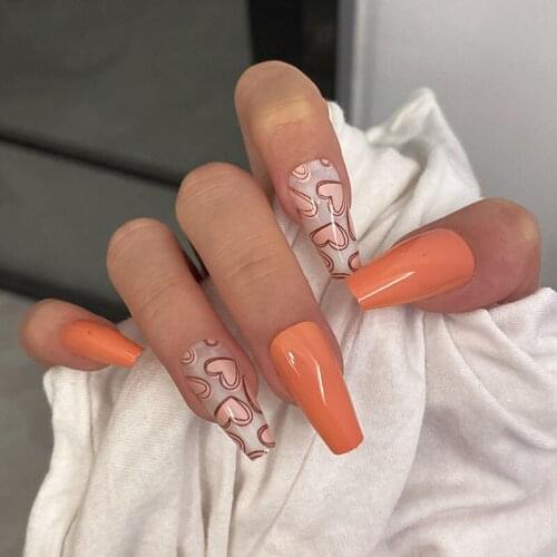 24pcs/Set Cute Heart Pattern False Nails Long Square Orange Acrylic Ballerina Beauty Nail Accessories Art Full Tips with Glue