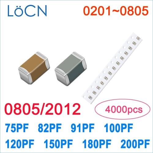 4000PCS 0805 2012 COG/NPO X7R 75PF 82PF 91PF 100PF 120PF 150PF 180PF 200PF RoHS 50V 5% Capacitor High quality