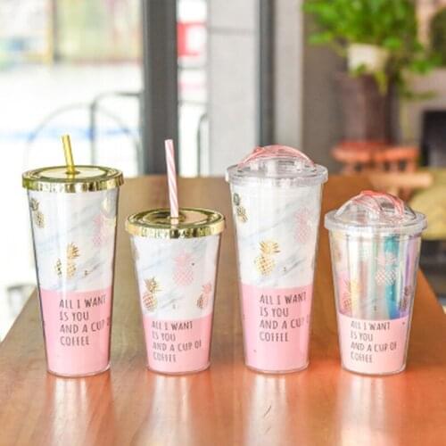 550mL/650mL Gold Plating Pineapple Mugs Plastic Double Layer Water Bottle With Straw Pink Travel Portable Juice Coffee Cups