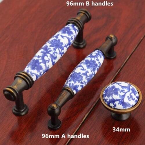 96mm vintage style white and blue porcelian furniture handle bronze dresser kitchen cabinet door handle blue ceramic drawer knob