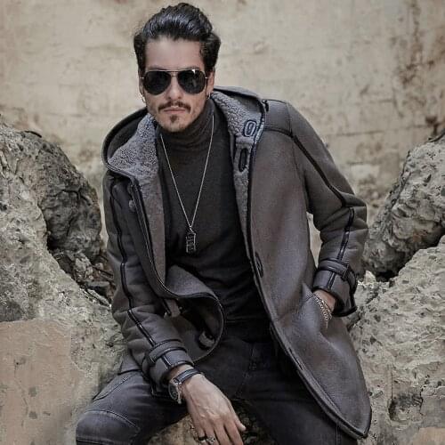 B3 B7 Flight Jacket Mens Shearling Jacket Camouflage Gray Long Style Leather Jacket Mans Sheepskin Aviator Fur Coat