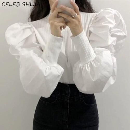 White Solid Puff Sleeve Womens Shirts Tops O-neck Long Sleeve Slim Ladies Tops Knitted Korean Style Elegant Blouse Woman