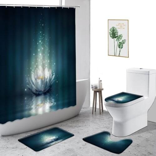 Dreamy Zen Lotus Shower Curtain Water Surface Flowers Starry Sky Home Decor Fabric Curtains Set Anti-Slip Bath Mat Toilet Cover
