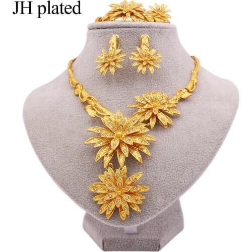 Folwers necklaces set of earrings bracelets for women gold color jewelry sets African bridal gifts Necklace ring jewellery set