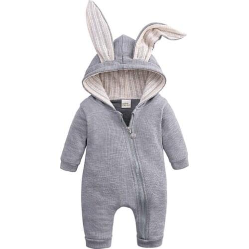 Infant Baby Boy Girl Winter Warm Long Rabbit Ears Romper Jumpsuit Outfit Zipper Knitted Cotton Solid Playsuit Pink Gray