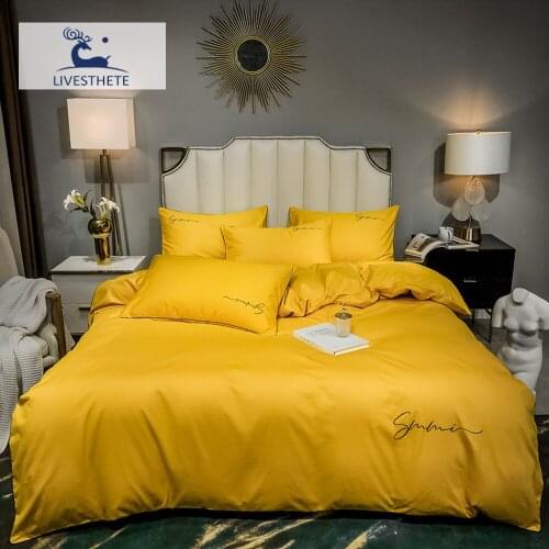 Liv-Esthete 2020 NEW Women Yellow 100% Cotton Bedding Set Printed Duvet Cover Flat Sheet Pillowcase Queen King Bed Linen Set