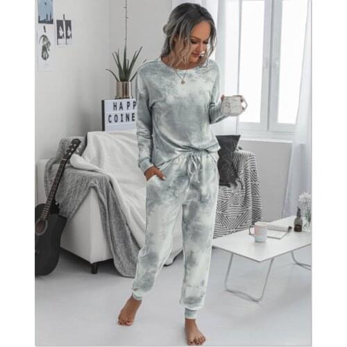 Imcute Tie Dyeing Print O-Neck Long Sleeve Tops +High Waist Drawstring Long Pants Womens Loose Homewear Tracksuit Outfit Sets