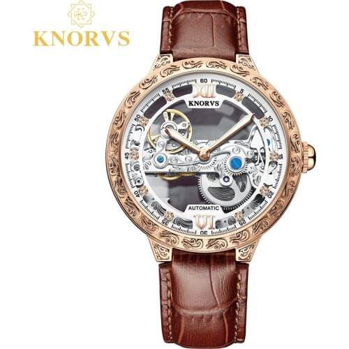 KNORVS 2021 New Mens Watch Automatic Mechanical Watches Luxury Leather Hollow Watch Casual Fashion Tourbillon reloj hombre