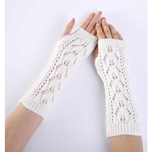 Fashion Winter Women Hollow Out White Fingerless Gloves Knit Adult Warm Polyester Spring Autumn Girls Elbow Mittens Female