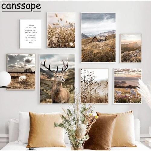 Landscape Painting Sheep Deer Canvas Poster Reed Plant Wall Art Print Sunlight Prints Nordic Wall Pictures For Living Room Decor