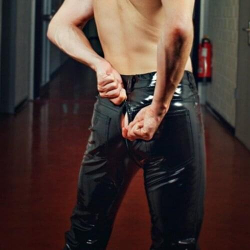 Plus Size Men Sexy Wetlook Leather Zipper crotch Exotic Pants PU Latex Catsuit Zipper PVC Stage Clubwear Costume Fetish Pants