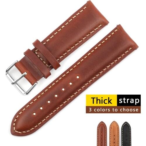 Vintage Cow Leather Watch Band 19mm 21mm 22mm Retro Handmade Wristband Brown Watchband Replacement Silver Buckle for Men Watch