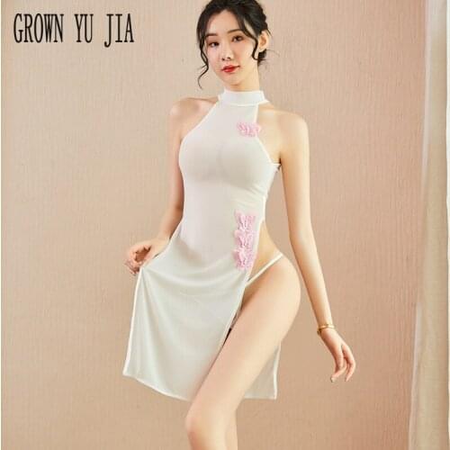 Sexy Perspectivity Mesh Yarn Qipao Uniform Erotic Retro Backless Cheongsam Dress Thongs Cosplay Costume Porno Lingerie Skirt Sex