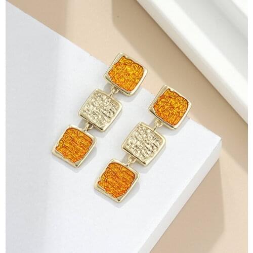 Layer Hammered Metal Enamel Square Dangle Earrings for Women Fashion Burgundy Yellow Statement Delicacy Geometric Jewelry