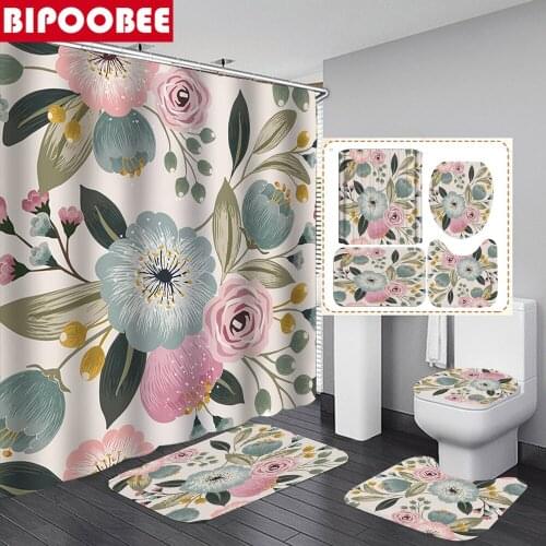 Natural Plants Flowers Print Shower Curtain Waterproof Polyester Fabric Bathroom Curtains Bath Mats Toilet Cover Non-slip Rugs