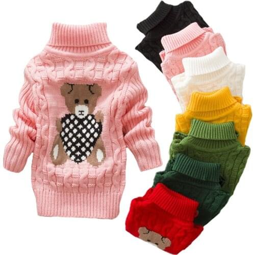 Girls Sweater Cartoon Bear Winter Thick Knitted Bottoming Turtleneck Wolf Sweater For Girls Solid High Collar Pullover Clothing