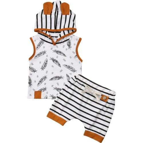 Toddler Baby Boy Girl Feather Print Stirped Hooded Sleeveless Tank Tops+Stripe Shorts Pants 2pcs Set Outfits Summer Clothes 0-2T
