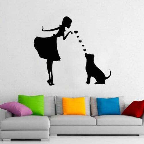 Girl and Dog Wall Decal Bull Terrier Pug Pitbull Pet Shop Nursery Interior Decor Art Door Window Vinyl Stickers Wallpaper E157