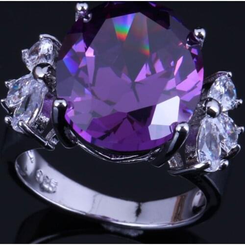 Delightful Oval Purple Cubic Zirconia White CZ Silver Plated Ring V0612
