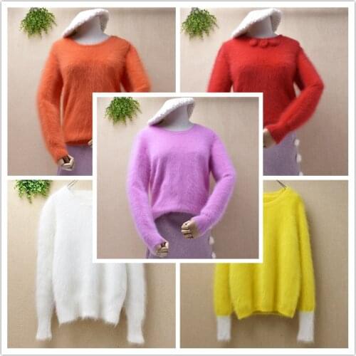 Ladies women fashion short style hairy mink cashmere o-neck long sleeves slim pullover blouses angora rabbit fur winter jumper