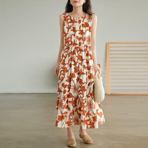Johnature Women Vintage Print Floral Dresses Casual Sleeveless O-Neck Cotton Soft Female Clothes 2021 New Summer A-Line Dress