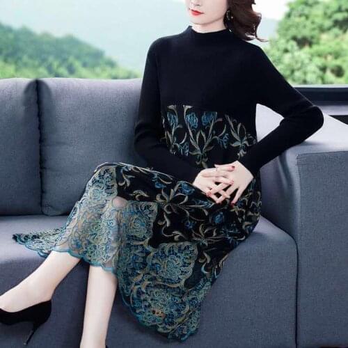 2021 Spring Fall Women Turtleneck Blue Red Embroidery Flower Patchwork Knit Dress , Casual Vintage 4xl Long Dresses for Woman