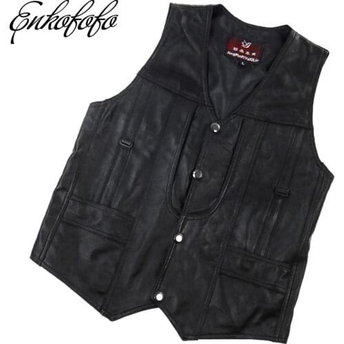 Black Genuine Leather Vest Men Plus Size Clothing Motorbike Sheepskin Waistcoat Photography Vests Man Motorcycle Jacket 5XL 6XL