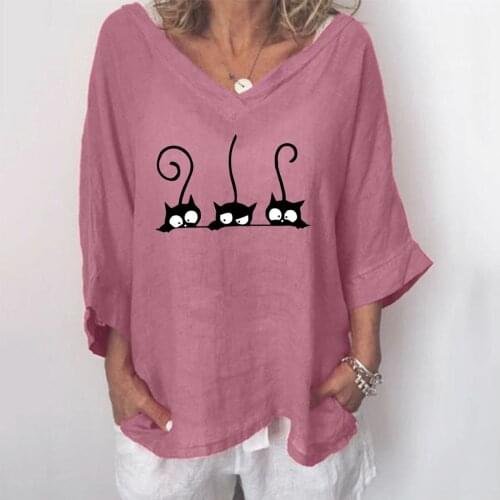 40#Animal Cat Printed T Shirt Harajuku Plus Size Cotton Linen Elegant T-Shirt Vintage Pullover Vintage Tops Aesthetic Clothes