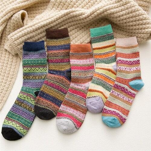 5 pairs/set Geometric Stripes Short Socks Set Men Women Wool Winter Autumn Thick Warm Socks Ethnic Totem Unisex Socks calcetines